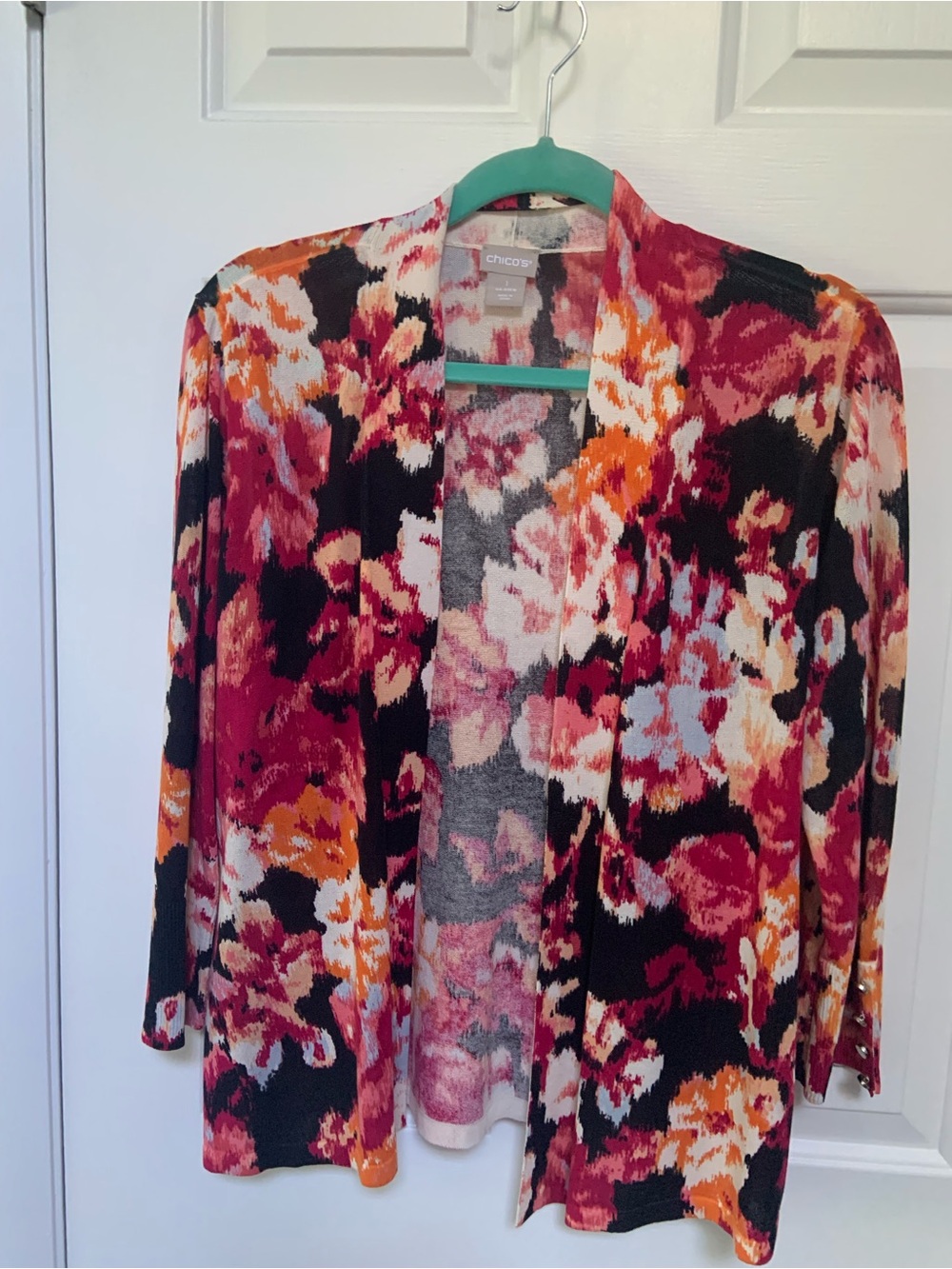 Chico's Open-Front Floral Cardigan Jacket in Black, Burgundy & Orange